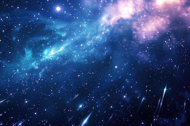 Niebieska i fioletowa przestrzeń wypełniona gwiazdami Abstrakcyjna wizja nocnego nieba pełnego błyszczących gwiazd i spadających komet AI generowany