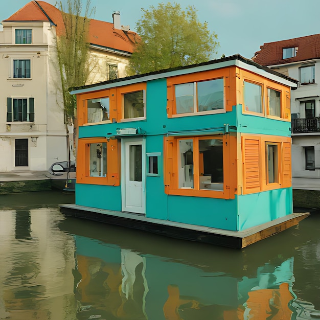 niebieska i pomarańczowa łódź jest na wodzie z odbiciem budynku w wodzie