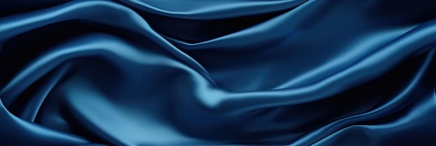 Niebieska jedwabna satyna Miękkie fałdy Tkanina Granatowe luksusowe tło Przestrzeń dla projektu Faliste linieSztandar SzerokiDługi Płasko ułożony widok z góry Stół Piękny Elegancki