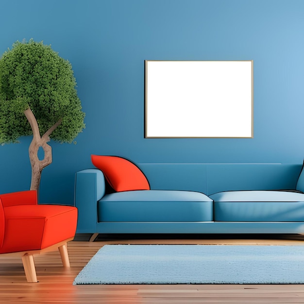 Niebieska kanapa z drzewem na ścianie i niebieska kanapa z obrazkiem na ścianie.