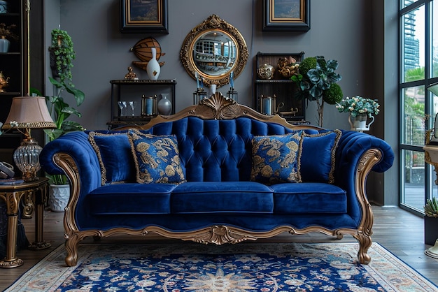 niebieska kanapa z poduszkami i niebieska koza z złotą i złotą wykończeniem