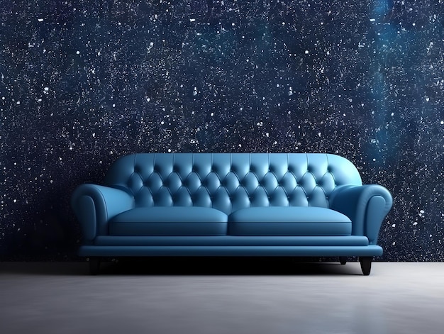 Niebieska kanapa znajduje się w pokoju z czarnym tłem i widocznymi gwiazdami.