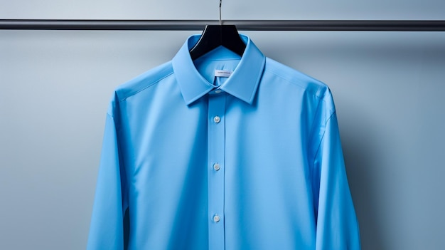 Zdjęcie niebieska koszula wisząca na wieszaku z niebieską koszulą wiszącą na wieszaku.