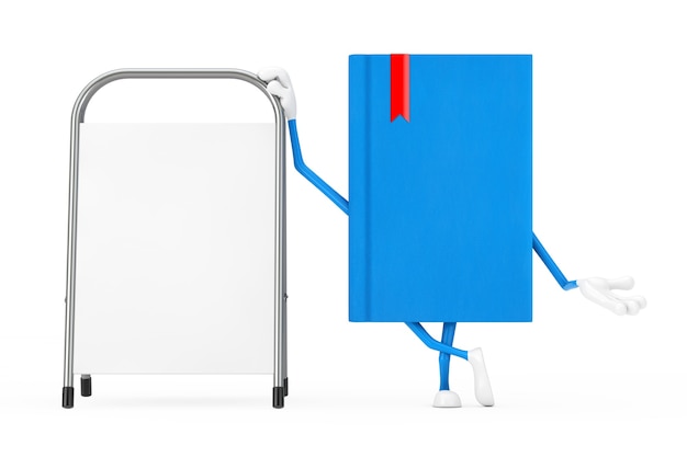 Niebieska książka charakter maskotka z białym pusty stojak reklamowy na białym tle. Renderowanie 3D