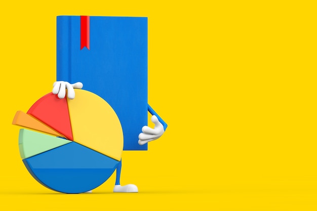 Niebieska książka charakter maskotka z wykresem kołowym firmy grafika informacji na żółtym tle. Renderowanie 3D