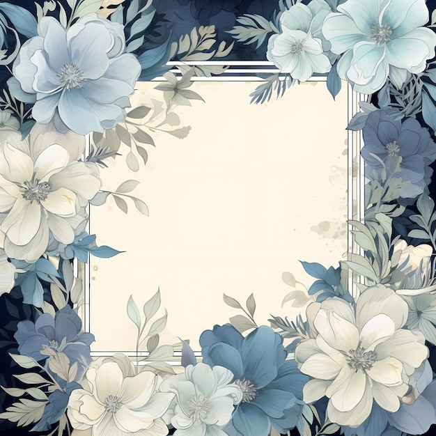 niebieska kwiecista ramka z kwiatami i ramka na tekst „słowo wiosna”.