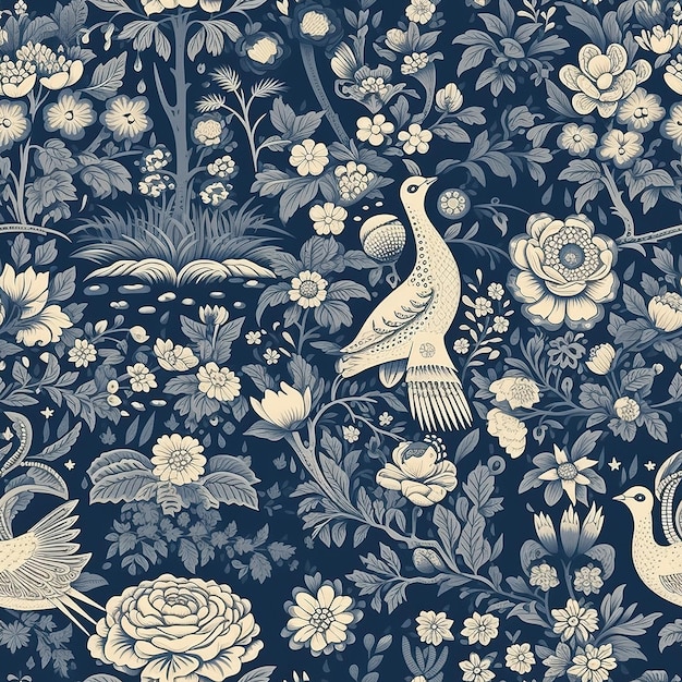 Niebieska kwiecista tapeta z ptakiem i kwiatami.