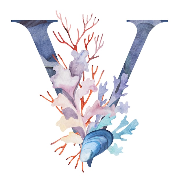 Niebieska litera V ozdobiona akwarelowymi wodorostami koralami i ilustracją muszelek