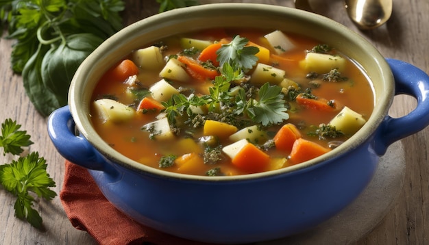 Niebieska miska zupy warzywnej z marchewkami i ziołami