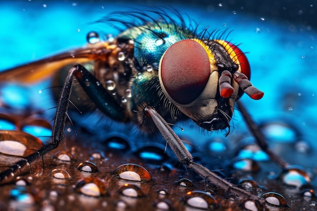Niebieska mucha z czerwonym okiem i niebieskim tłem