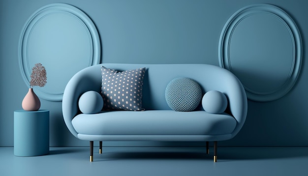 Niebieska nowoczesna sofa ustawiona na pustym, uspokajającym, minimalnym tle ściany ilustrator 3d