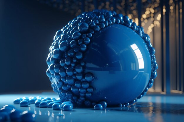Niebieska piłka z wieloma małymi kulkami na niebieskim tle.
