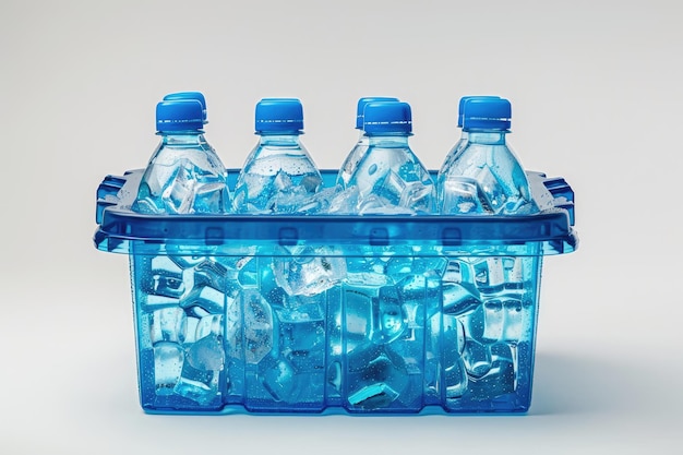 Niebieska plastikowa skrzynka chłodnicza z kostkami lodu i butelkami wody na białym tle