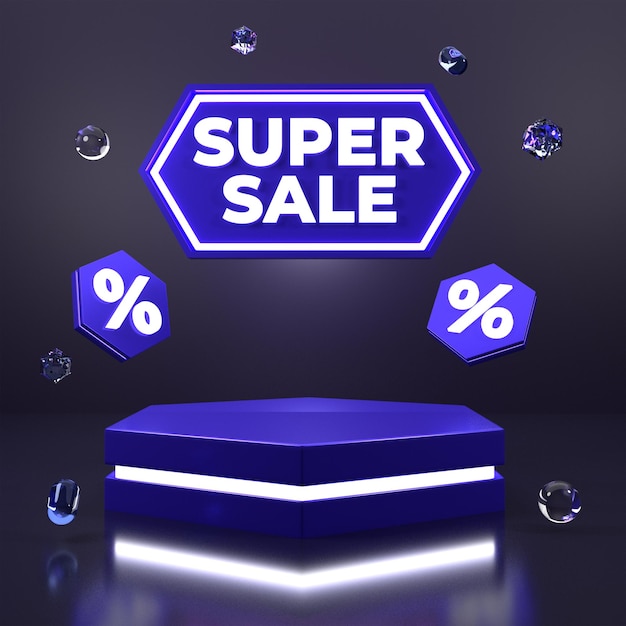 Niebieska platforma z napisem super wyprzedaż.