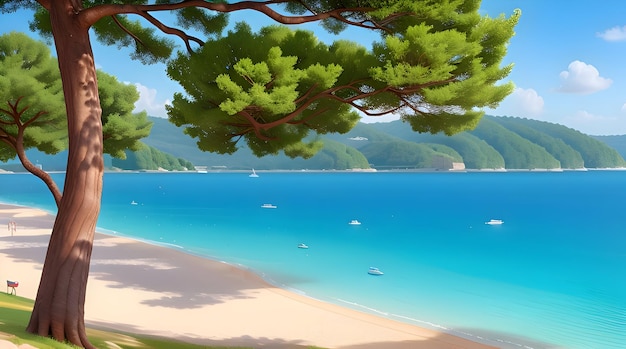 Niebieska plaża wyspy i zielone drzewo uściskają niebo