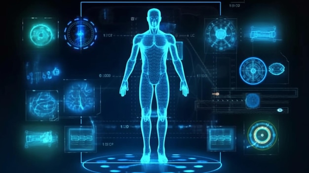 Niebieska postać przed ekranem z napisem „przyszłość technologii”
