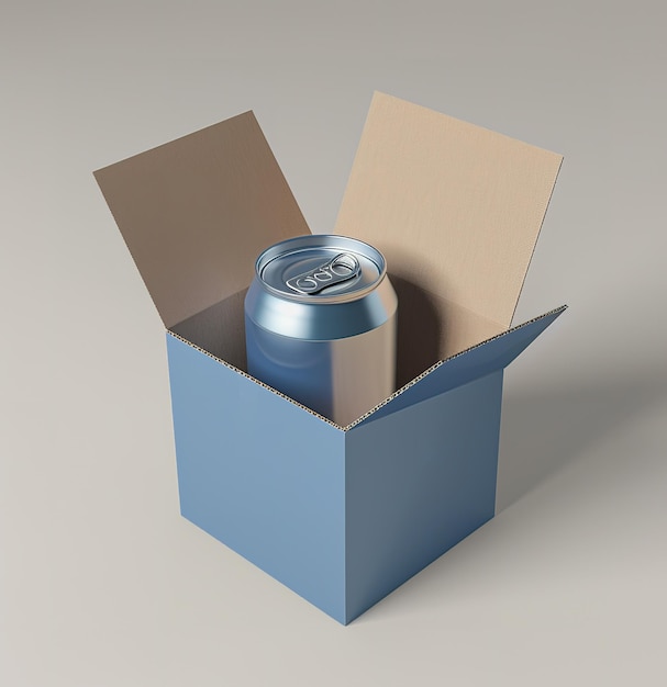 Niebieska puszka aluminiowa w otwartym pudełku kartonowym idealna do pakowania i wysyłki