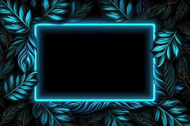 Zdjęcie niebieska ramka neonowa na ciemnym tle liści