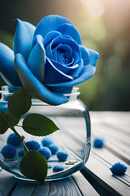 Niebieska róża siedzi w wazonie z wazonem z niebieskimi kwiatami na drewnianym stole.
