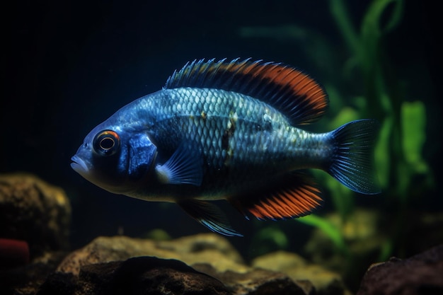 Niebieska ryba z pomarańczowymi i niebieskimi płetwami ogonowymi oraz czerwonym ogonem
