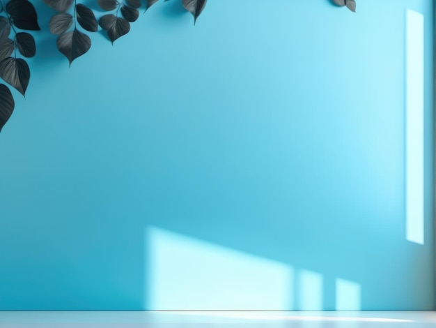 Niebieska ściana studio z cieniem i liśćmi Moda na tło prezentacji produktu