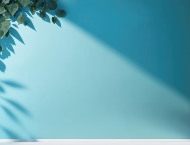 Niebieska ściana studio z cieniem i liśćmi Moda na tło prezentacji produktu