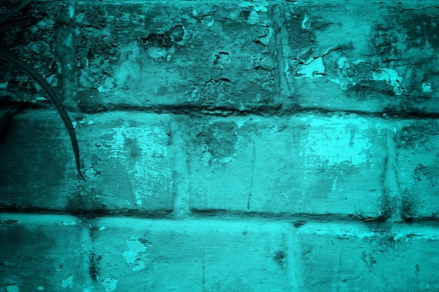 Niebieska ściana z cegły z zielonym tłem z napisem „niebieski”.