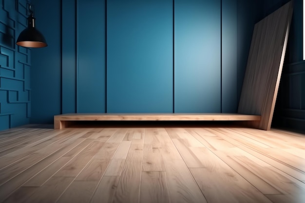 Niebieska ściana z drewnianą podłogą i drewnianą półką z niebieskimi drzwiami.