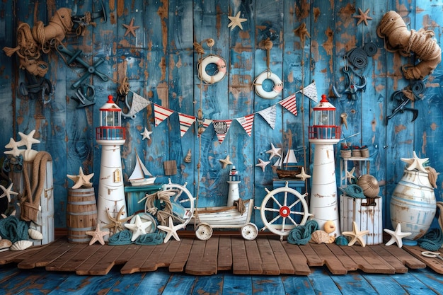 Zdjęcie niebieska ściana z latarnią morską, statkiem i żaglówką