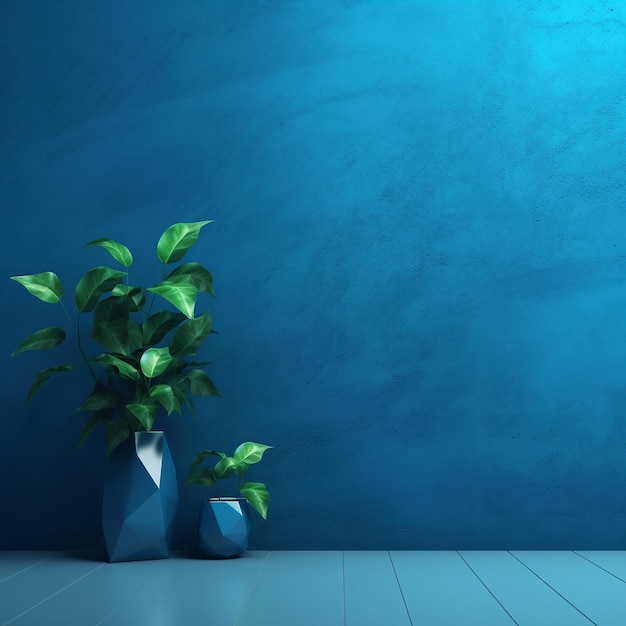 Niebieska ściana z rośliną i doniczką z rośliną