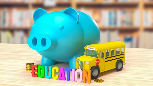 Niebieska skarbonka i obraz autobusu szkolnego do zapisywania w edukacji 3d renderowania