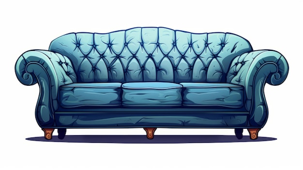 Niebieska skórzana kanapa w stylu kreskówek z ilustracjami w stylu wiktoriańskim