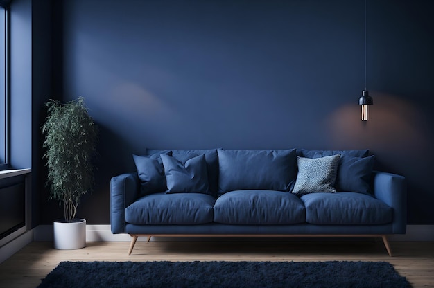 Niebieska sofa w salonie z lampą na ścianie.