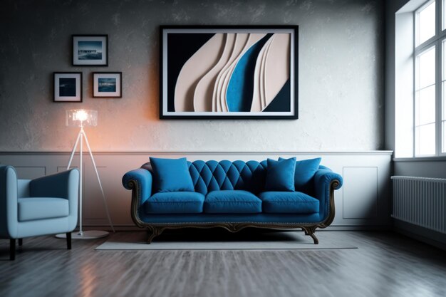 Niebieska sofa w salonie z obrazem na ścianie.