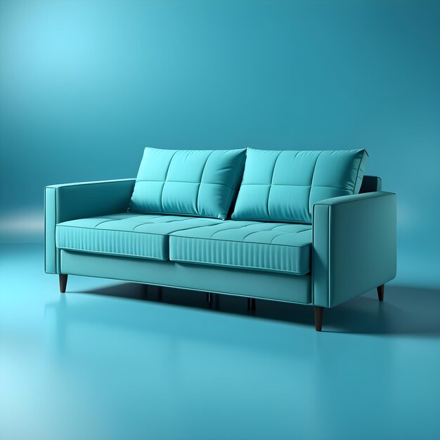 niebieska sofa z poduszkami na niebieskim tle