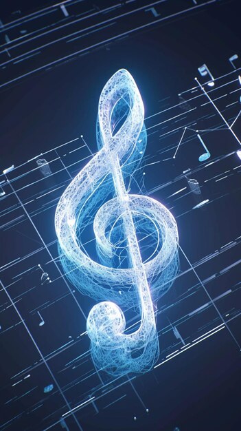 Niebieska struktura technologiczna ozdabia nutę muzyczną w szczegółowym renderowaniu 3D Vertical Mobile Wallpaper