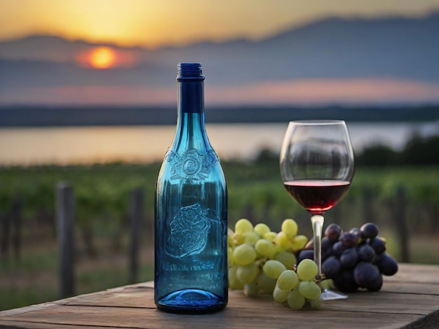 niebieska szklana butelka w pobliżu kieliszka z winem podczas zachodu słońca