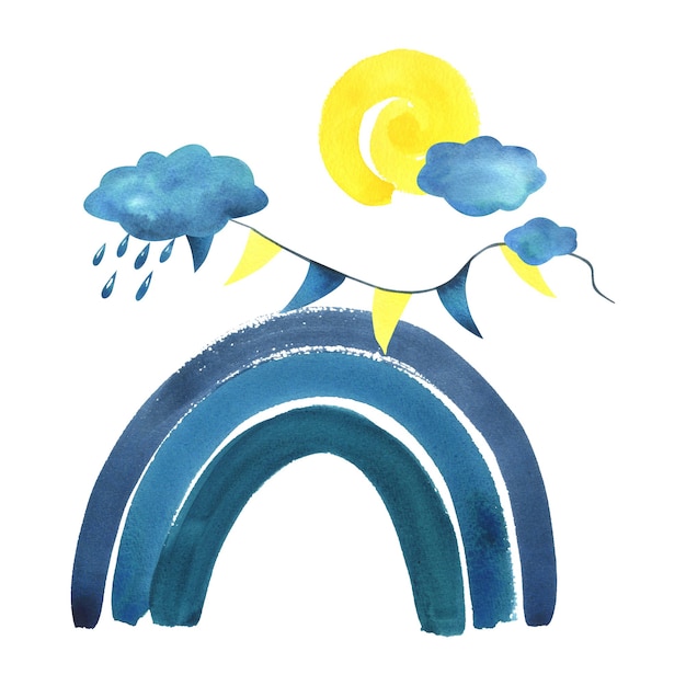 Niebieska tęcza z chmurami, krople deszczu, żółte słońce, wieniec flag, ilustracja akwarelowa narysowana ręcznie w stylu dziecięcym, izolowana kompozycja na białym tle