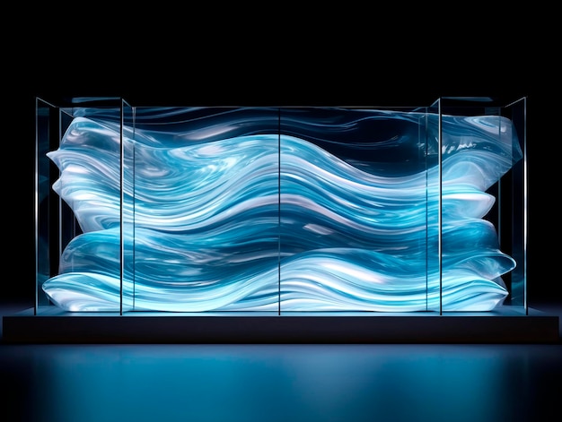 Niebieska tekstura pomieszczenia neonowego Falające tło Dekoracja ścian wewnętrznych Wzorzec panelu fali abstrakcyjne Nowoczesny projekt Wyświetlacz makiety promocji produktu Ai generatywny