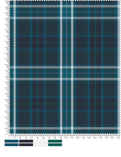 Niebieska tkanina w szkocką kratę z linijką, na której widnieje słowo tartan.