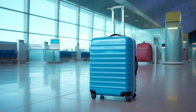 Niebieska walizka w terminalu lotniska Koncepcja podróży renderowania 3D