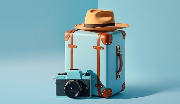 Niebieska walizka z kapeluszem i aparatem fotograficznym.