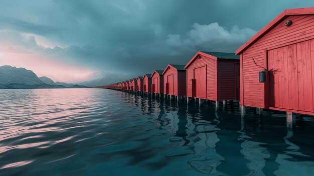Niebieska woda morska z czerwonymi kabinami na brzegu Zasoby kreatywne AI Generowane