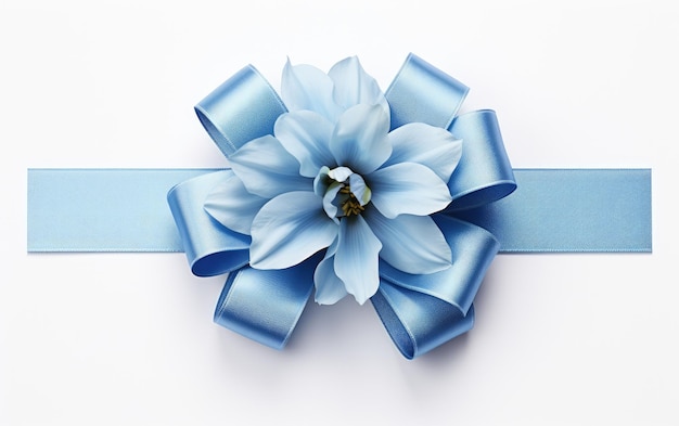 Zdjęcie niebieska wstążka z kwiatem niebieska wstąga z delikatnym ozdobem kwiatowym utkanym w tkaninę wstążka jest elegancko wystawiona pokazując skomplikowane szczegóły wzoru kwiatów