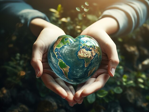 Zdjęcie niebieska ziemia w kształcie serca jest podnoszona przez dwie ręce generative ai