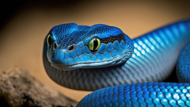 Niebieska żmija zbliżenie twarzy, wąż żmija, niebieski insularis, Trimeresurus Insularis, zbliżenie zwierząt