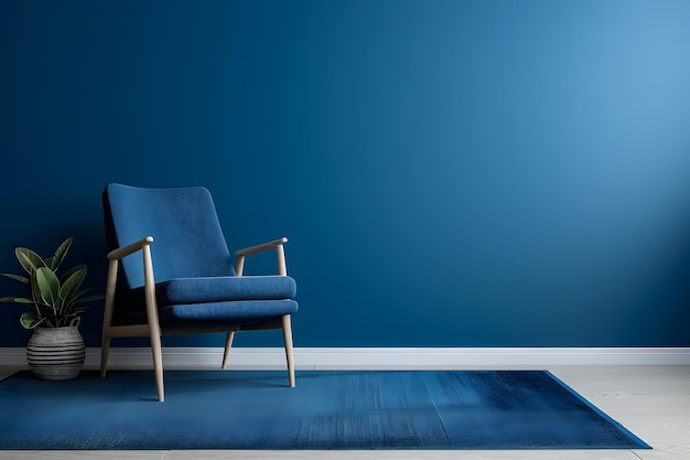 Zdjęcie niebieski aksamitny fotel w klasycznym wnętrzu z niebieską ścianą i dywanem 3d