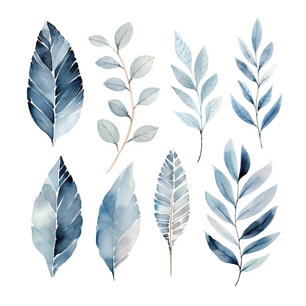 Niebieski akwarela zestaw liści w stylu boho na białym tle