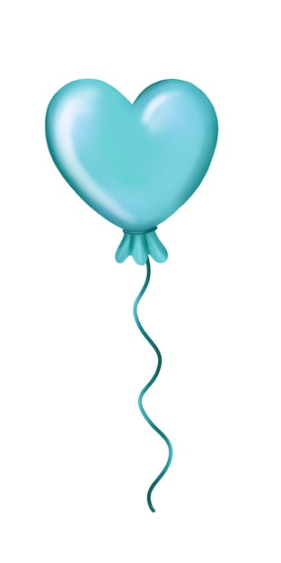 Niebieski balon ze sznurkiem w kształcie serca z napisem „love”.