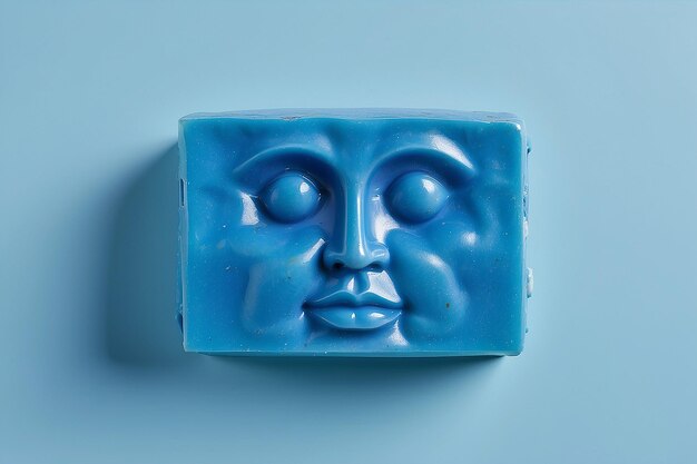 Zdjęcie niebieski bar mydła z niebieską twarzą i butelką mydła